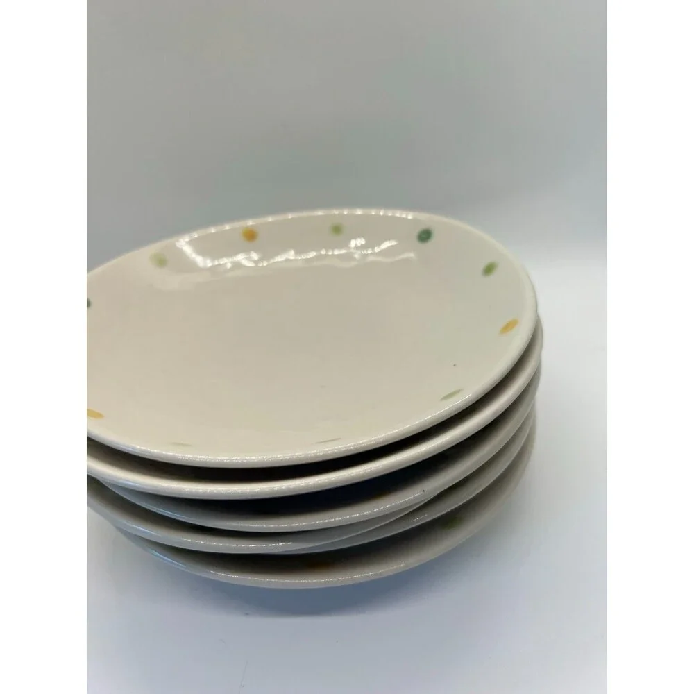 Vintage Set of 6 small cream off white plates polka dots green yellow 1732